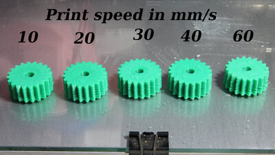Direct Granules Extruder V3, sample print gears with different speeds