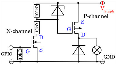 P-channel amplifier with N-channel logic level converter and protective devices