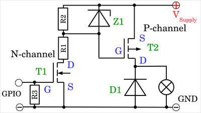 Example circuit P-channel MOSFET with N-channel level converter