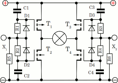 H-Brücke aus MOSFET-Transistoren, mit RC-Glied