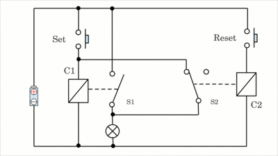RS flip-flop composed of relays, circuit layout