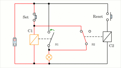 RS flip-flop with relays, working principle